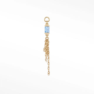 Ear charm in 14k gold with a serene natural aquamarine baguette & dancing chains. Versatile loop fits hoops studs