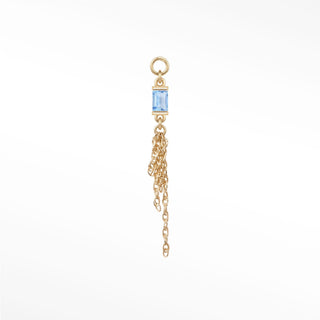 Ear charm in 14k gold with a serene natural aquamarine baguette & dancing chains. Versatile loop fits hoops studs