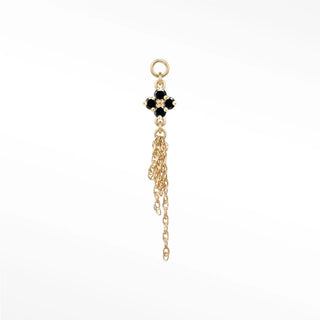Ear charm in 14k gold with a bold black diamond clover & cascading chains. Seamless loop fits hoops studs and flat back