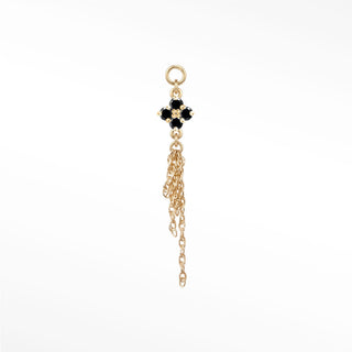 Ear charm in 14k gold with a bold black diamond clover & cascading chains. Seamless loop fits hoops studs and flat back