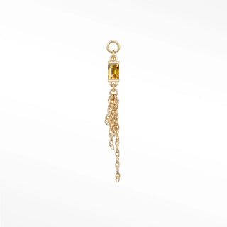 Ear charm in 14k gold with a sunny natural citrine baguette & dancing chains. Versatile loop fits hoops studs and flat