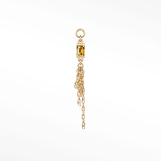 Ear charm in 14k gold with a sunny natural citrine baguette & dancing chains. Versatile loop fits hoops studs and flat