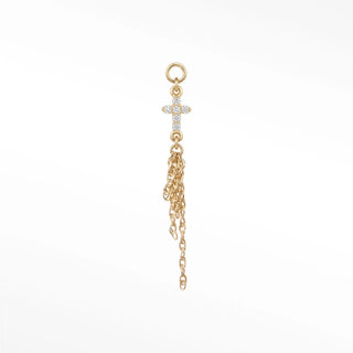 Ear charm in 14k gold featuring a diamond-encrusted cross and elegant drop chains. The perfect luxury accessory