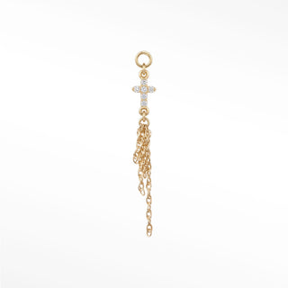 Ear charm in 14k gold featuring a diamond-encrusted cross and elegant drop chains. The perfect luxury accessory