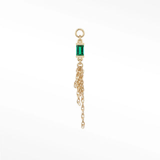 Ear charm in 14k gold with a majestic natural emerald baguette & drop chains. Versatile loop fits hoops studs and flat