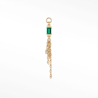 Ear charm in 14k gold with a majestic natural emerald baguette & drop chains. Versatile loop fits hoops studs and flat