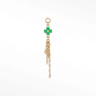 Ear charm in 14k gold with a majestic natural emerald clover & drop chains. Seamless loop fits hoops studs and flat