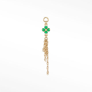 Ear charm in 14k gold with a majestic natural emerald clover & drop chains. Seamless loop fits hoops studs and flat