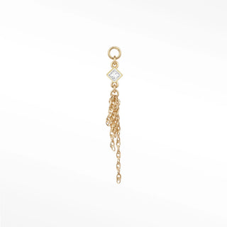 Ear charm crafted in solid 14k gold featuring a 2.5mm square bezel-set moissanite and dangling rope chain. Elevate