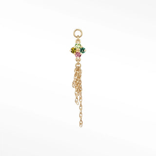 Ear charm in 14k gold with a colorful multi-tourmaline clover & long chains. Seamless loop fits hoops studs and flat