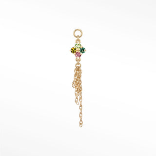 Ear charm in 14k gold with a colorful multi-tourmaline clover & long chains. Seamless loop fits hoops studs and flat