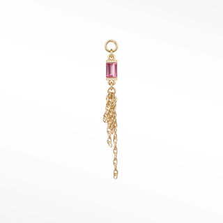Ear charm in 14k gold with a romantic pink tourmaline baguette & drop chains. Versatile loop fits hoops studs and flat