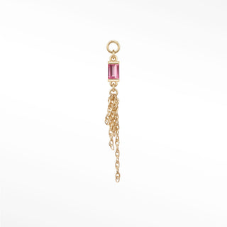 Ear charm in 14k gold with a romantic pink tourmaline baguette & drop chains. Versatile loop fits hoops studs and flat