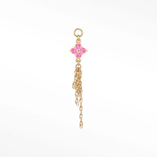 Ear charm in 14k gold with a vibrant natural ruby cluster & cascading chains. Seamless loop fits hoops studs and flat