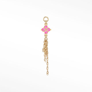 Ear charm in 14k gold with a vibrant natural ruby cluster & cascading chains. Seamless loop fits hoops studs and flat