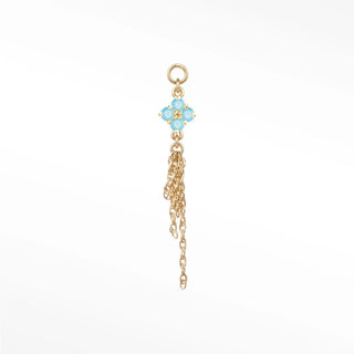 Ear charm in 14k gold with a vibrant natural turquoise clover & drop chains. Seamless loop fits hoops studs and flat