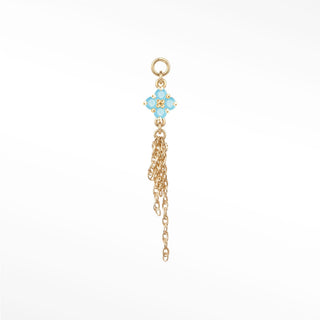 Ear charm in 14k gold with a vibrant natural turquoise clover & drop chains. Seamless loop fits hoops studs and flat