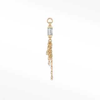 Ear charm in 14k gold with a pure natural white topaz baguette & fine chains. Minimal loop fits hoops studs and flat