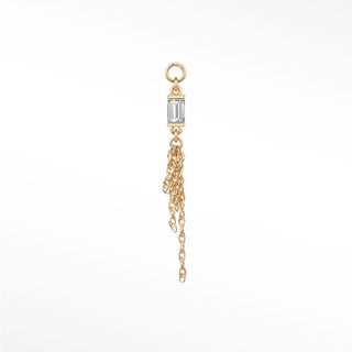 Ear charm in 14k gold with a pure natural white topaz baguette & fine chains. Minimal loop fits hoops studs and flat