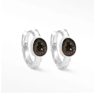 Element mini geode silver hoop earrings 18mm with hammered texture and oval dark brown geode gemstones center