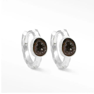 Element mini geode silver hoop earrings 18mm with hammered texture and oval dark brown geode gemstones center