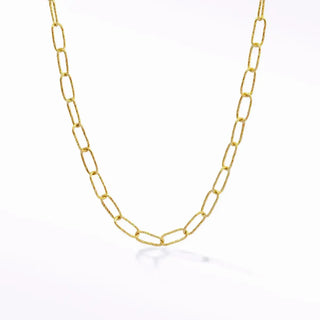 Elite textured paperclip 14k yellow gold chain necklace with textured irregular links in a paperclip chain design