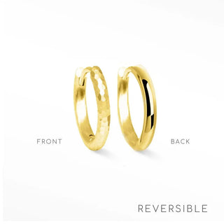 Ellie gold vermeil reversible huggies 15mm featuring hammered texture on one side and smooth finish on the other