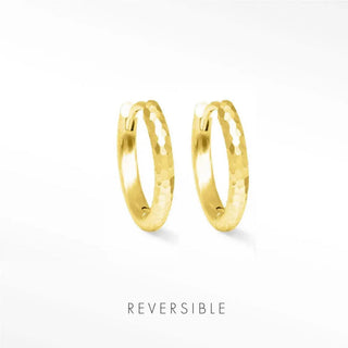 Ellie gold vermeil hammer textured gold-colored reversible huggies 15mm showcasing their design features