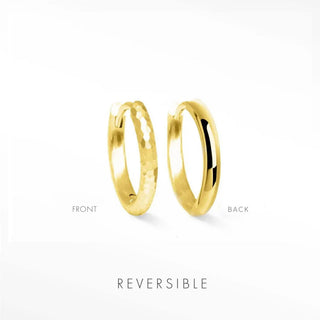 Ellie gold vermeil reversible huggies 15mm featuring hammered texture on one side and smooth finish on the other
