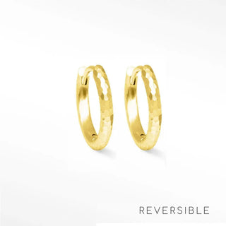 Ellie gold vermeil hammer textured gold-colored reversible huggies 15mm showcasing their design features