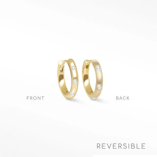 Ellie diamond reversible gold hoop earrings with three round-cut diamonds set on 14k yellow gold huggies 13mm