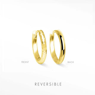 Ellie gold vermeil reversible huggies 15mm featuring hammered texture on one side and smooth finish on the other