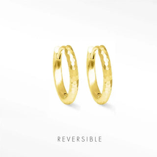 Ellie gold vermeil hammer textured gold-colored reversible huggies 15mm showcasing their design features