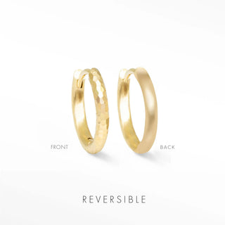 Ellie hammer 14k yellow gold reversible huggies 13mm with hammered texture on one side and smooth finish on the other