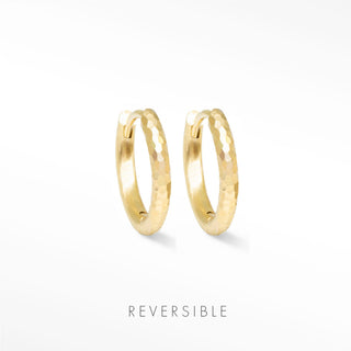 Ellie hammer 14k yellow gold reversible huggies 13mm featuring gold hammered textured hoop earrings with reversible design