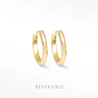 Ellie hammer 14k yellow gold reversible huggies 13mm featuring gold hammered textured hoop earrings with reversible design