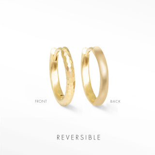 Ellie hammer 14k yellow gold reversible huggies 13mm with hammered texture on one side and smooth finish on the other