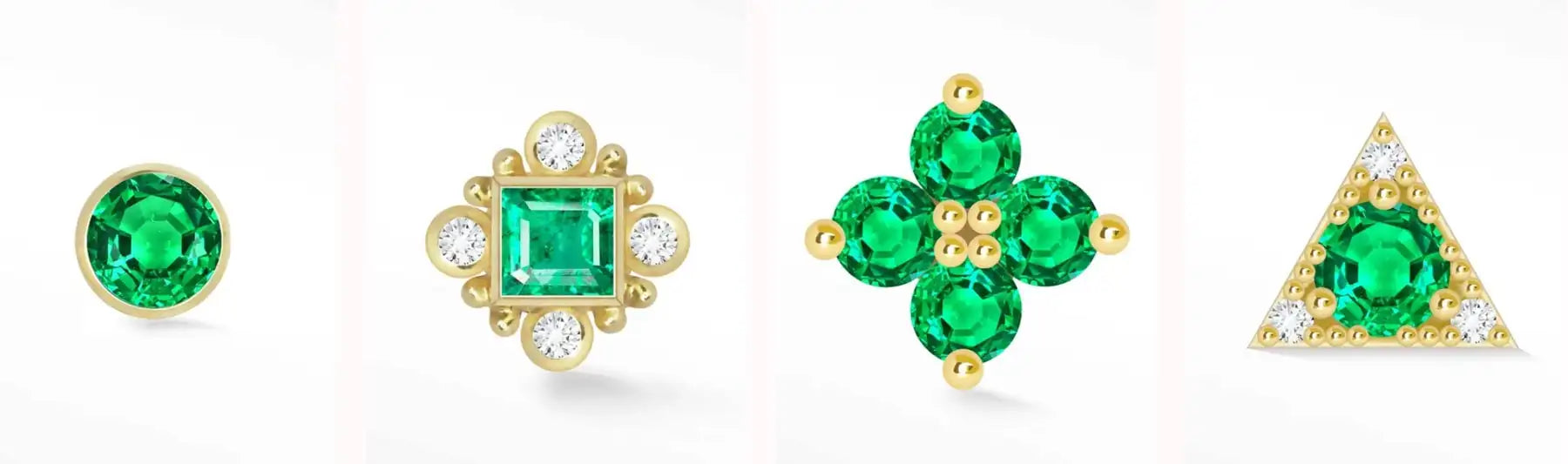 Emerald and diamond stud earrings in yellow gold, featuring a variety of geometric designs including round, square, floral, and triangular motifs.