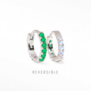 Natalie 14mm sterling silver reversible hoops showing the Genuine Emerald and Genuine Moonstone faces.
