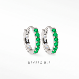 Nina Wynn Natalie 14mm sterling silver reversible hoops with Genuine Emerald gemstones facing forward.