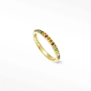 Thea tourmaline eternity band 14k gold features a delicate yellow gold band with vibrant multicolored tourmaline gemstones