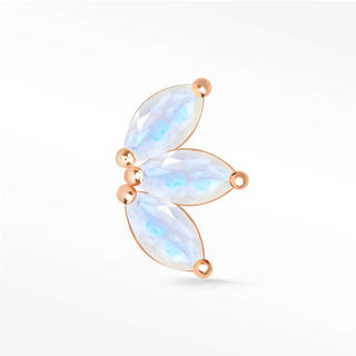 A delicate 14k rose gold moonstone baby lotus earring with three faceted moonstones and soft blue iridescence