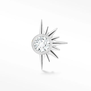 Silver sunburst 14k white diamond studs featuring a central round brilliant-cut diamond with radiating spikes