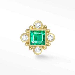 Flat back earrings emerald featuring an emerald-cut center stone and round diamonds set in 14k yellow gold frame