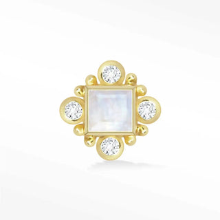 Gold-toned 14k yellow moonstone earrings with a square moonstone and round diamonds in an ornate beaded frame wynning studs