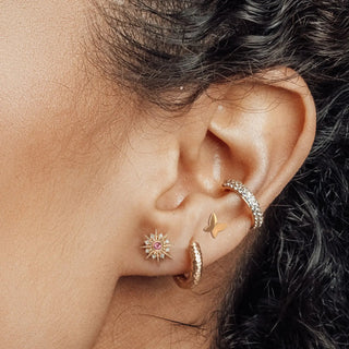 Rose gold starburst earring with central pink gemstone and crystals in flatback butterfly 14k yellow the wynning studs