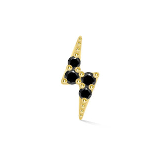 Gold lightning bolt black diamond earrings in 14k gold flat back with tiny gold beads along edges from The Wynning Studs