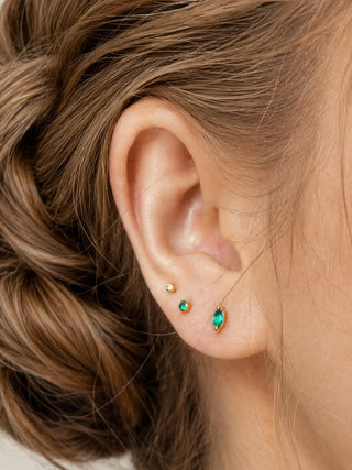 Emerald stud earrings flat back crafted in solid 14k yellow gold. Natural gemstones with a smooth secure fit