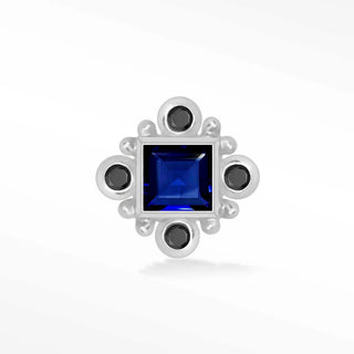 Flat back earrings with a blue sapphire princess cut and black onyx in 14k white gold for sensitive skin