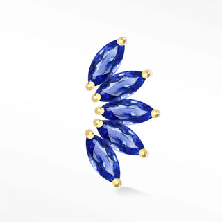 Flat back 14k yellow lotus sapphire gold earrings with five deep blue marquise-cut sapphires in a leaf design